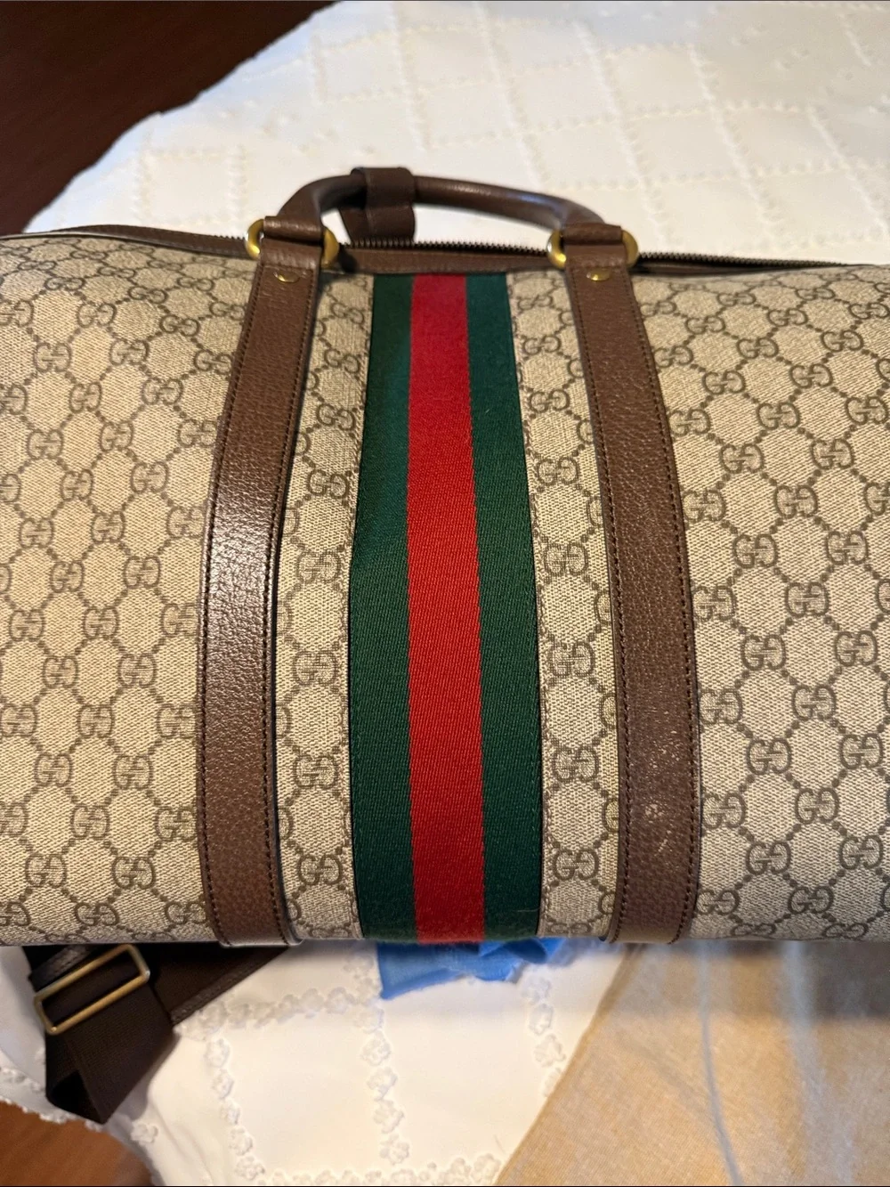 Gucci Brown GG Supreme Canvas Duffel with Green-Red Web Stripe MENS/ UNISEX